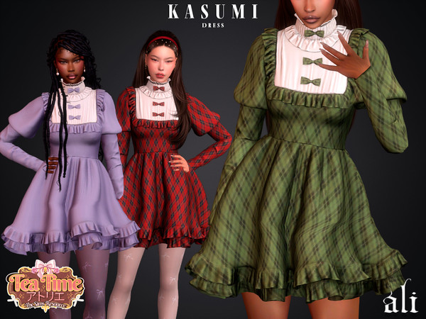 Sims 4 — Tea Time Atelier - KASUMI dress by ali1 — Long-sleeve high-neck dress with ruffle and bow details