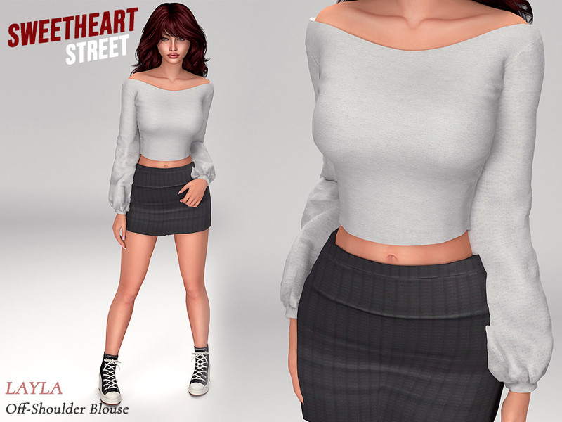 Sims 4 streetwear fashion CC Off-shoulder blouse (sweetheart street set) by Layla