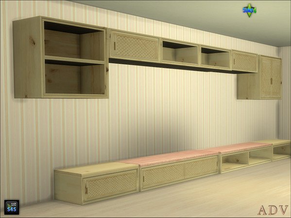 Sims 4 — ADV_Mabra_s4EntrywaySet03_benchseatv2 by MABRA2 — top and bottom cabinets and benchseats several versions