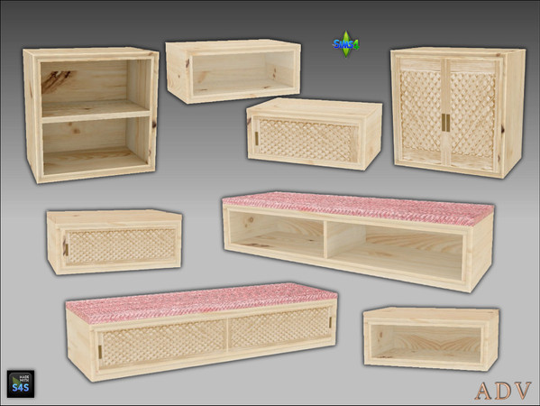 Sims 4 — ADV_Mabra_s4EntrywaySet03_topcabinetv2 by MABRA2 — top and bottom cabinets and benchseats several versions