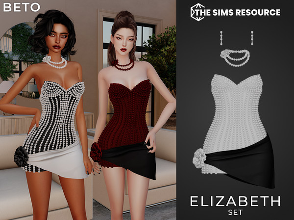 Sims 4 — Elizabeth (Set) by Beto_ae0 — Elegant and luxurious dress adorned with pearls, accompanied by a necklace and