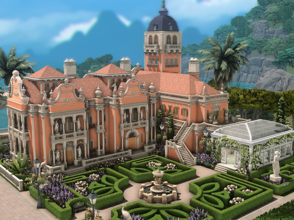 Sims 4 — Romantic Palace by plumbobkingdom — This imposing palace features a coral-toned facade that beautifully