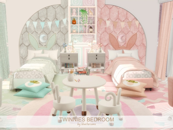 Sims 4 — Twinnies Bedroom by BlusterSims — The Twinnies Bedroom is a soft pastel shared space in pink and mint tones,