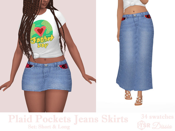 Sims 4 — Plaid Pockets Jeans Long Skirt by Dissia — Mid waist denim long or short skirt with plaid pockets at front and