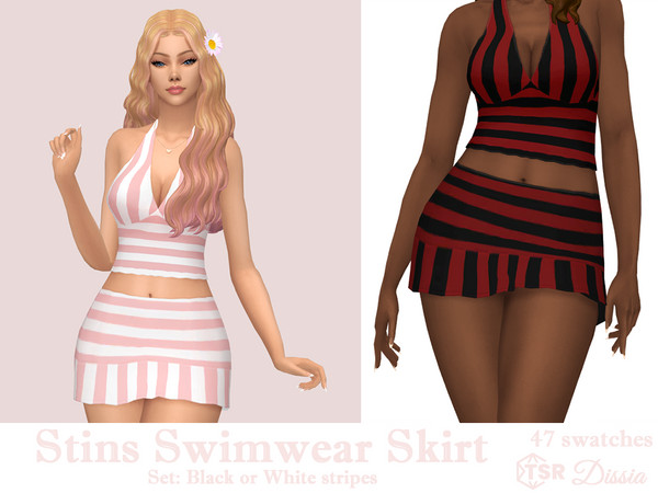 Sims 4 — Stins Swimwear Skirt (Black) by Dissia — Mid waist short swimsuit skirt with black or white stripes