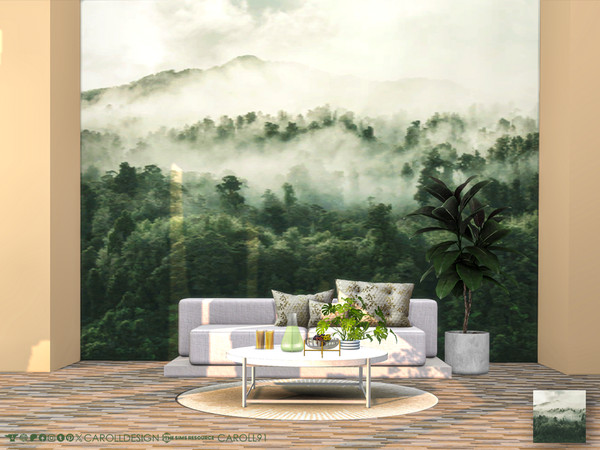 Sims 4 — Bosco Mural Wall 2 by Caroll912 — A 5-tile seamless mural wallpaper in medium green and off-white tones.
