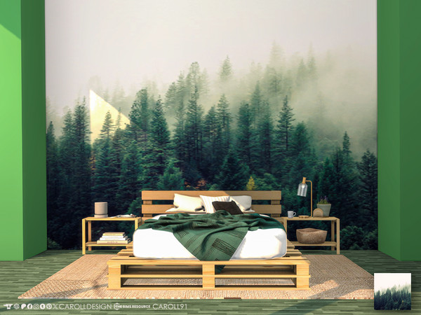 Sims 4 — Bosco Wall Mural 4 by Caroll912 — A 5-tile seamless mural wallpaper in medium green, pale yellow and off-white