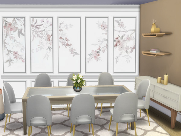 Sims 4 — Windswept Floral Wall Panels by lavilikesims — 5 wide floral panels and one plain, all wall sizes
