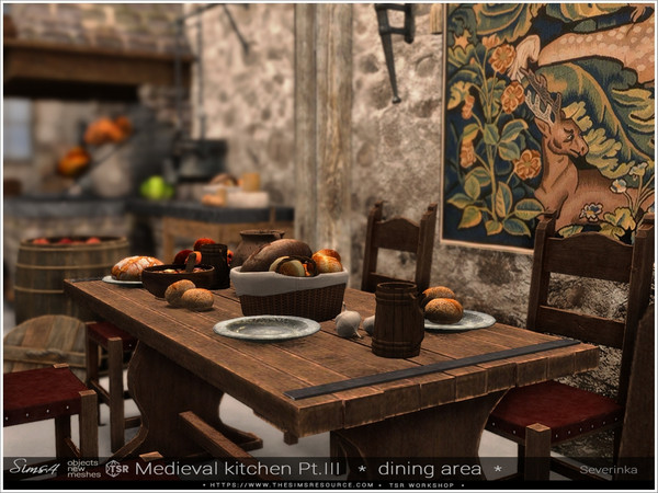 Sims 4 — Medieval kitchen Pt.III Dining area by Severinka_ — A set of furniture and decor in the Medieval style for
