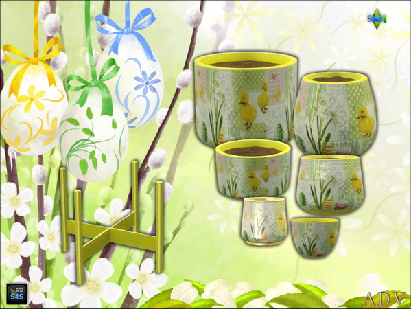 Sims 4 — ADV_Mabra_s4EasterSet07_plantpotv5 by MABRA2 — A set of plantpots in 6 sizes and a plantpot stand