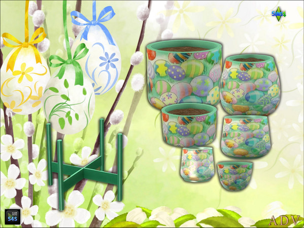 Sims 4 — ADV_Mabra_s4EasterSet08_plantpotv3 by MABRA2 — A set of plantpots in 6 sizes and a plantpot stand