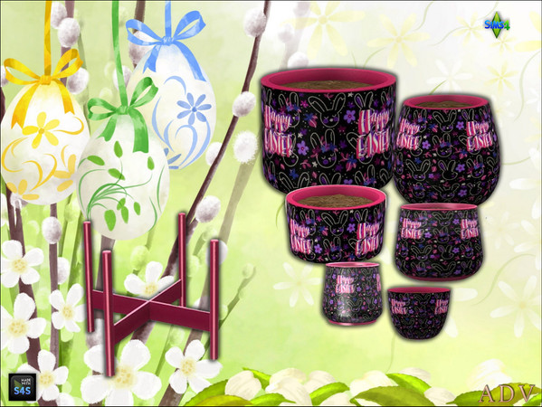 Sims 4 — ADV_Mabra_s4EasterSet10_plantpotv4 by MABRA2 — A set of plantpots in 6 sizes and a plantpot stand