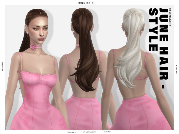 Sims 4 — June Long Ponytail Hairstyle by Leah_Lillith — All LODs, Smooth bones, Custom CAS thumbnail, Works with hats. To