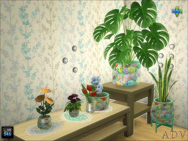 Sims 4 — ADV_Mabra_s4EasterSet08_plantpotsv6 by MABRA2 — A set of plantpots in 6 sizes and a plantpot stand