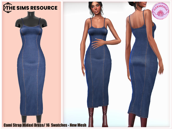 Sims 4 — Cami Strap Midaxi Dress by Harmonia — New Mesh