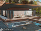 Sims 4 — Stillwater l noCC by simZmora — A compact single-bedroom pavilion set within a reflective water landscape.