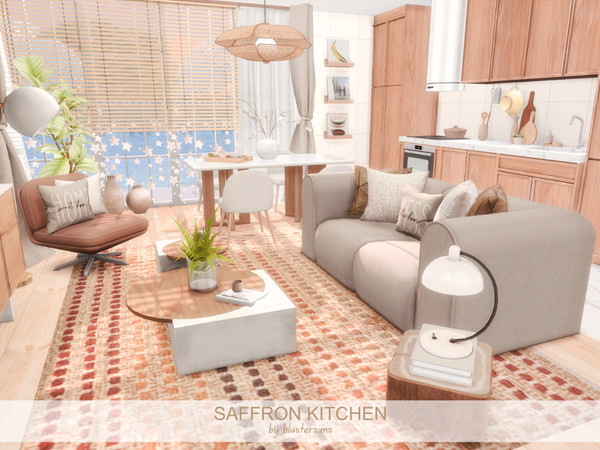 Sims 4 — Saffron Kitchen by BlusterSims — Saffron Kitchen is a warm, sunlit open-plan space blending a cozy living area