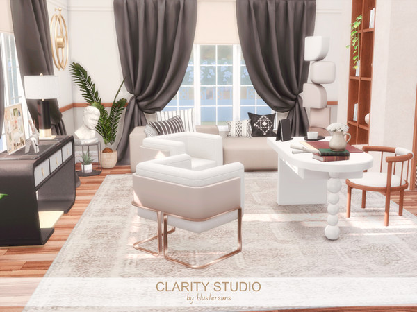 Sims 4 — Clarity Study by BlusterSims — Clarity Studio is a bright, modern workspace with warm wood accents, soft