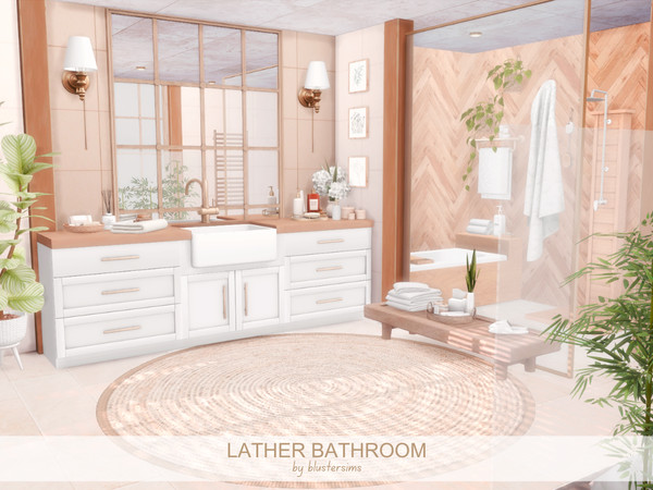 Sims 4 — Lather Bathroom by BlusterSims — Lather Bathroom is a calm, spa-like space with warm wood tones, soft neutrals,