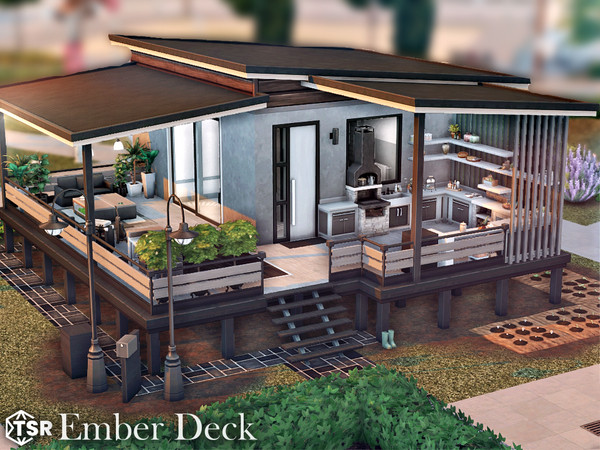 Sims 4 — Ember Deck l noCC by simZmora — A compact single-bedroom house designed around outdoor living, where the patio