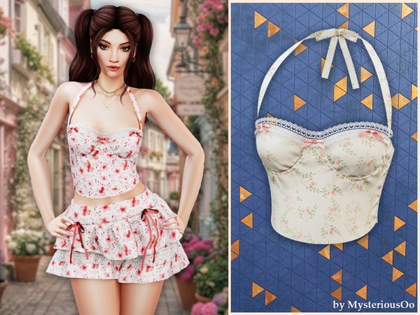 Sims 4 — Floral lace trim halter top by MysteriousOo — Delicate halter top featuring a soft structured bust and dainty