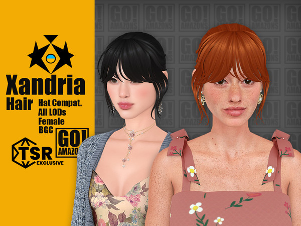 Sims 4 — Xandria Hair by GoAmazons — Low bun updo with bangs.