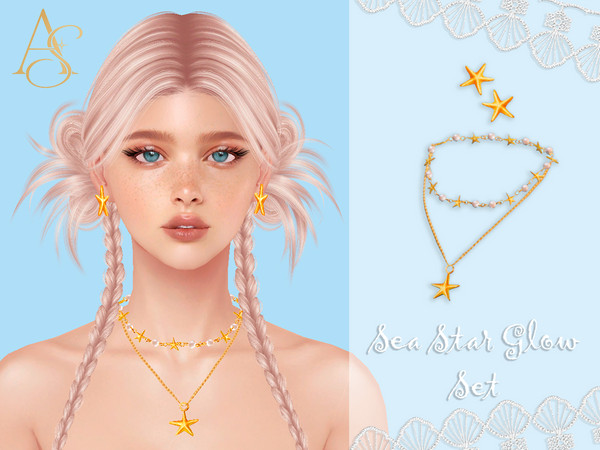 Sims 4 — Sea Star Glow Set by AbendsternCC — Elegant jewelry set featuring a layered necklace and matching golden