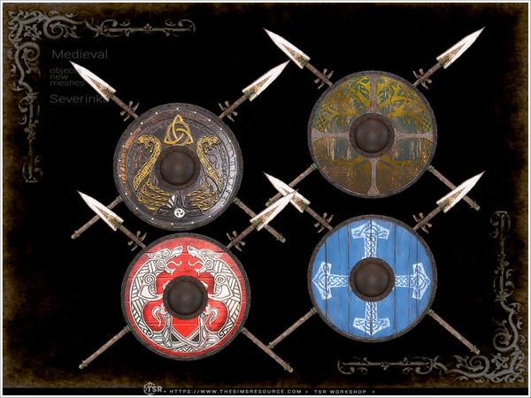 Sims 4 — Medieval - shield and spears by Severinka_ — A set of furniture and decor in the Medieval style for decorating a