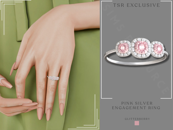 Sims 4 — Pink Silver Engagement Ring by Glitterberryfly — A silver engagement ring with triple pink gemstone