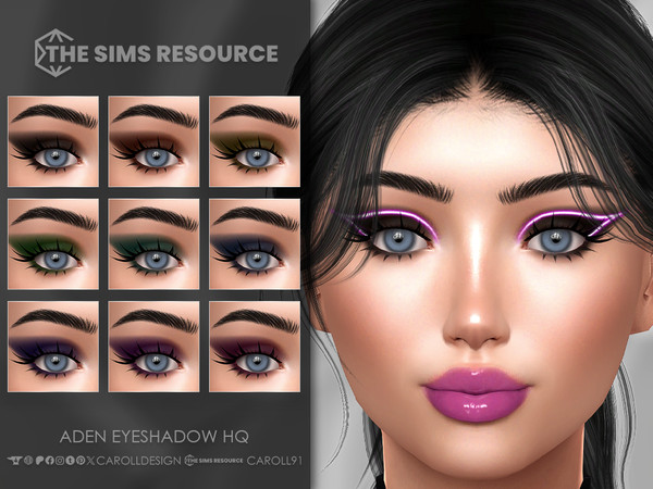 Sims 4 — Aden Eyeshadow HQ by Caroll912 — A 9-swatch boldly winged, dark matte eyeshadow in black and rainbow shades.