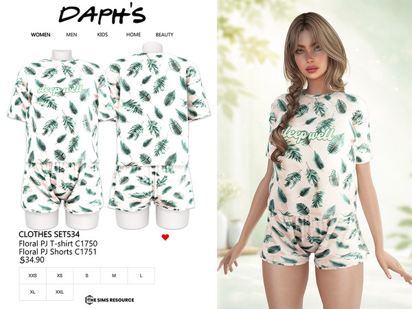 Sims 4 — DAPHS - Clothes SET534 - Floral PJ T-shirt C1750 - TSR by Daph's — A soft and comfortable pajama set featuring a