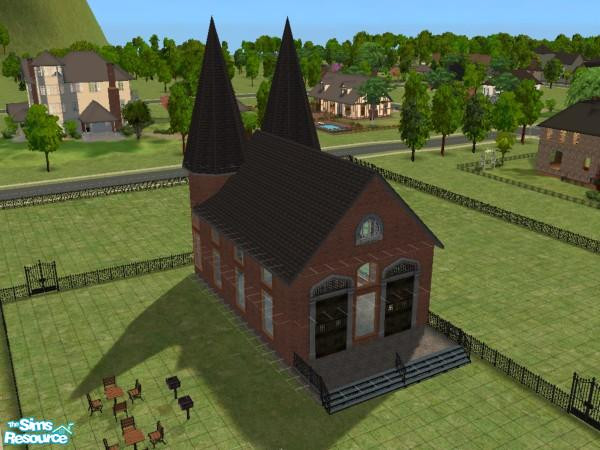 Sims 2 — Forest Lawn Cemetery by dddrake — Sims are just dying to get into this place. Central piece is a cathedral