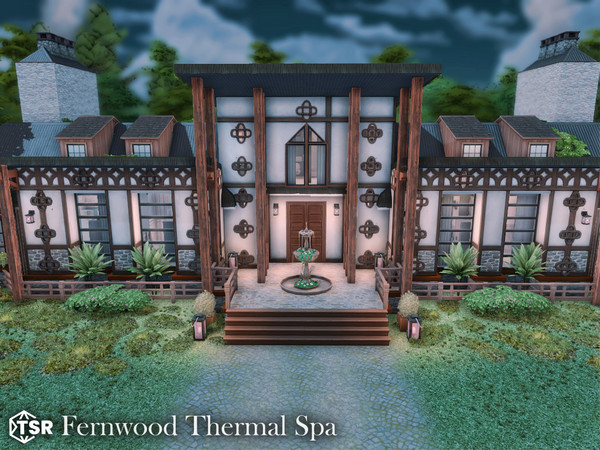 Sims 4 — Fernwood Thermal Spa l noCC by simZmora — A rustic spa retreat shaped by natural textures and soft, seasonal