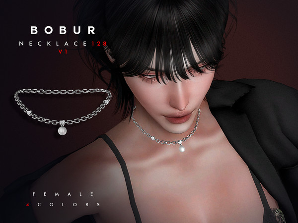 Sims 4 — Bobur Necklace 128 V1 by Bobur2 — Necklace chain with pearl pendant and hearts for female