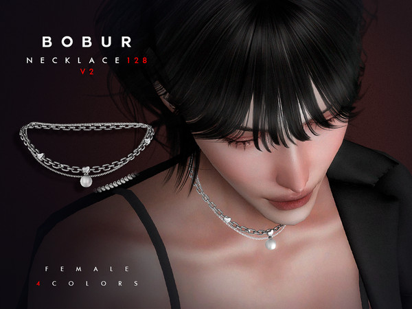 Sims 4 — Bobur Necklace 128 V2 by Bobur2 — Necklace chain with pearl pendant and hearts for female
