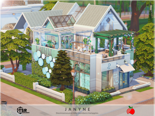 Sims 4 — Janyne by melapples — a laundromat with a small apartment upstairs. 1st floor: laundromat, cafeteria and