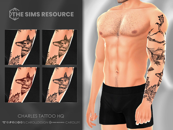 Sims 4 — Charles Tattoo HQ by Caroll912 — A 4-swatch nature-inspired full sleeve tattoo in the shades of brown, red, grey