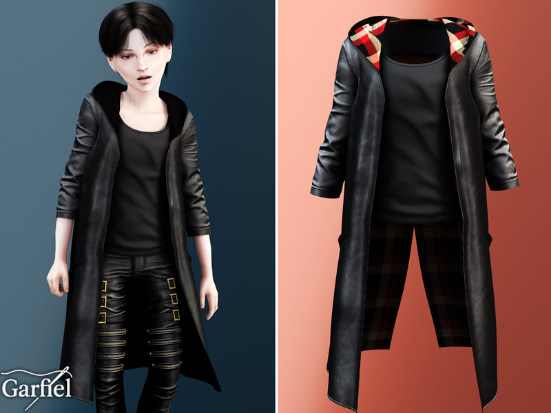 Sims 4 Child - Long hooded leather coat with dramatic silhouette by Garfiel