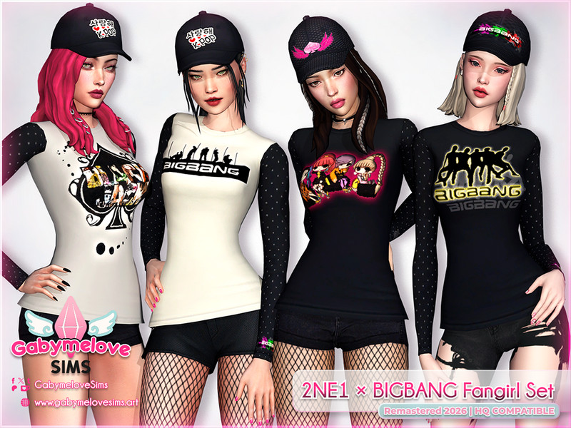 Sims 4 hat CC [Gabymelove Sims] 2NE1 x BIGBANG Fangirl Set (Remastered 2026) - Cap by GabymeloveSims