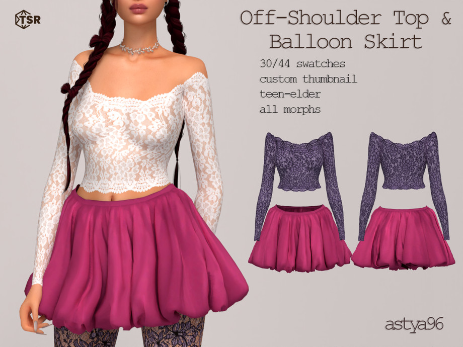 The Sims Resource | Off-Shoulder Top & Balloon Skirt