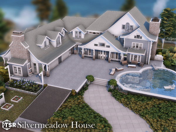 Sims 4 — Silvermeadow House l noCC by simZmora — A spacious family residence organized around a central terrace and pool,