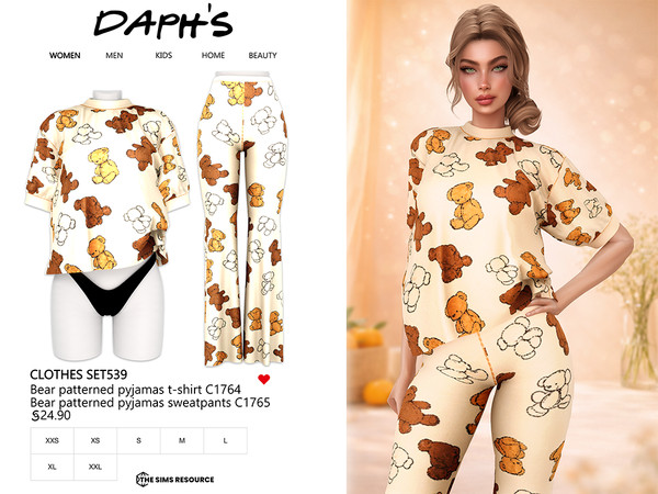 Sims 4 — DAPHS - Clothes SET539 - Bear patterned pyjamas t-shirt C1764 - TSR by Daph's — A cozy and adorable pajama set