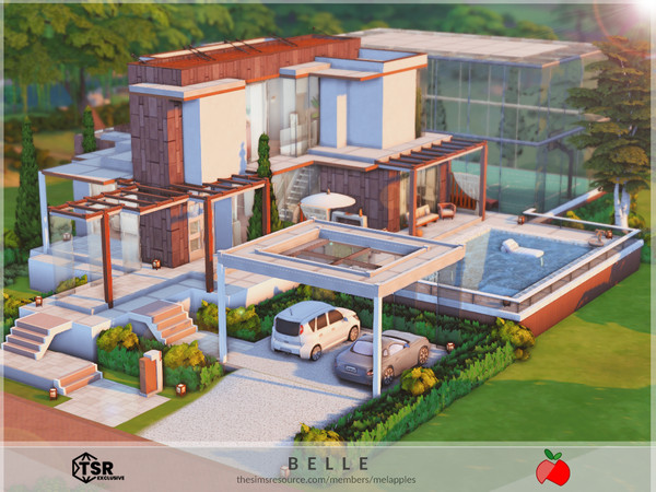Sims 4 — Belle - no cc by melapples — a modern 3 bedroom house featuring a pool and a indoor basketball court. 1st floor: