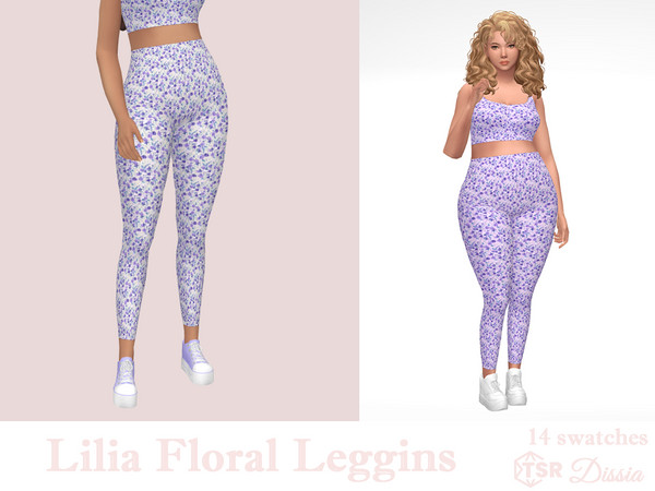 Sims 4 — Lilia Floral Leggins by Dissia — High waist ribbed purple flowers pattern leggins