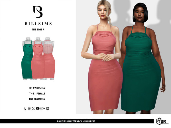 Sims 4 — Backless Halterneck Midi Dress by Bill_Sims — This dress features a halterneck design with an elegant backless