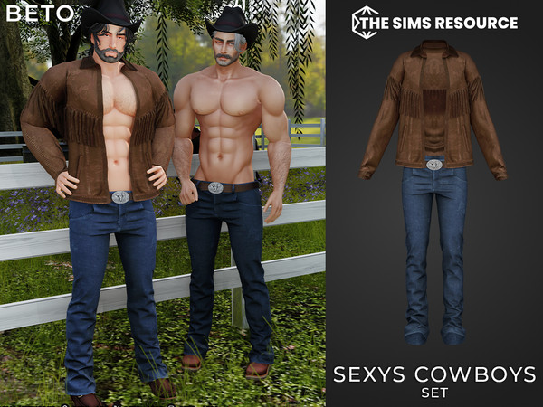 Sims 4 — By Beto - Sexys Cowboys (Pants V1) by Beto_ae0 — Cowboy outfit, leather jacket and pants with belt