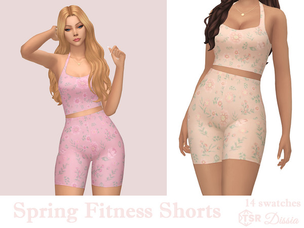 Sims 4 — Spring Fitness Shorts by Dissia — High waist floral mid thigh sporty shorts