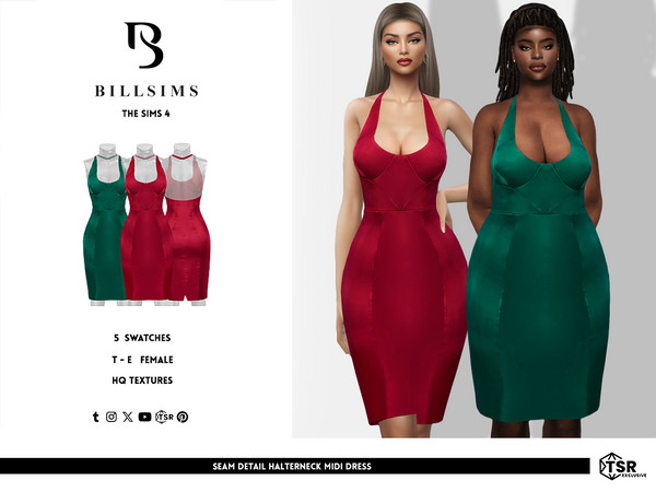 Sims 4 — Seam Detail Halterneck Midi Dress by Bill_Sims — This dress features a satin material with a scooping neckline