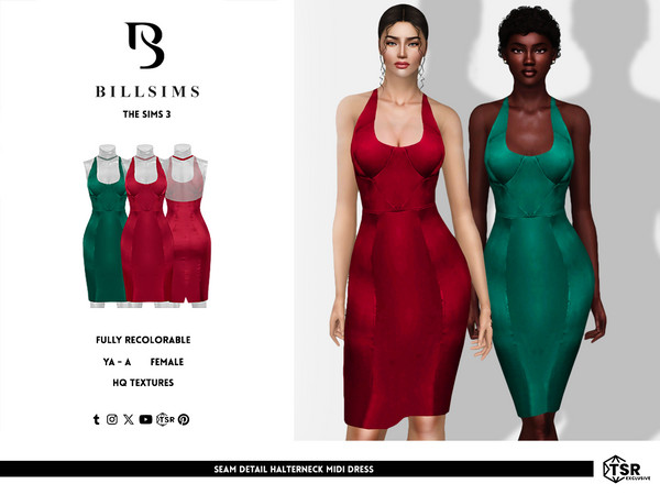 Sims 3 — Seam Detail Halterneck Midi Dress by Bill_Sims — This dress features a satin material with a scooping neckline