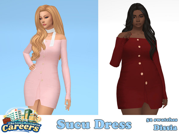 Sims 4 — Sucu Dress by Dissia — Long sleeves short layered on skirt buttoned bare shoulders dress
